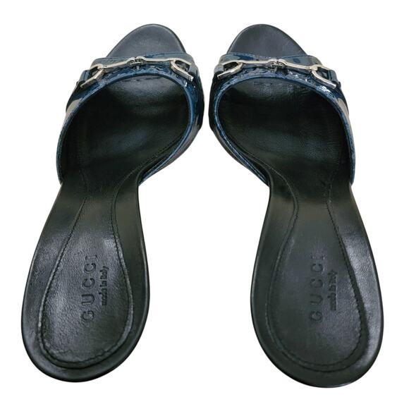 Vintage Gucci Horsebit GG Logo Blue Black Leather Slip-On Mule Heels 37.5 / 7.5 - Picture 13 of 13